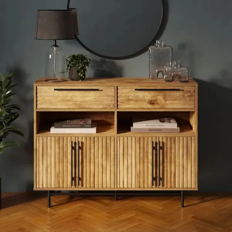 BOXED BRYANT HALLWAY CONSOLE TABLE WITH SHOE STORAGE, MANGO WOOD EFFECT (2 BOXES)