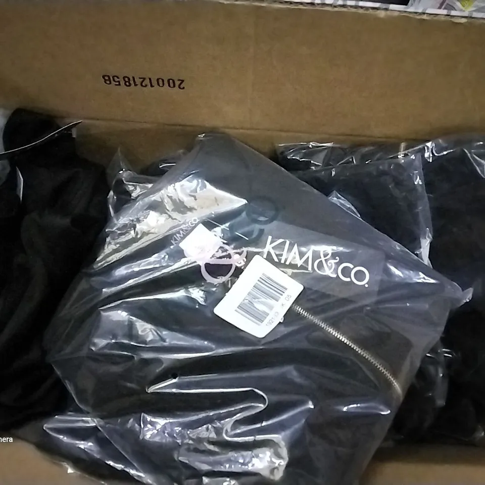 BOX OF APPROXIMATELY 30 ASSORTED BRAND NEW BAGGED KIM AND CO BLACK ZIP UP JACKETS VARIOUS SIZES