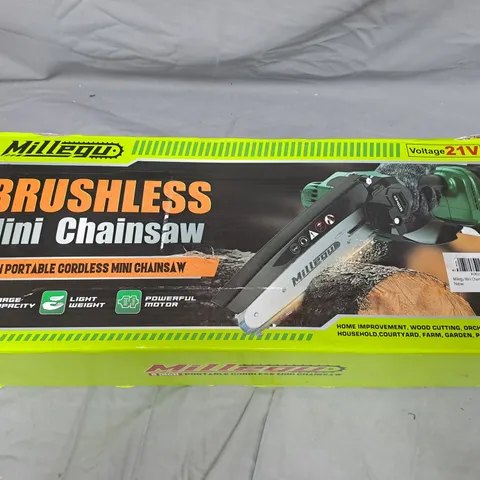 MILLEGU CORDLESS MINI CHAINSAW 21V BRUSHLESS – 6 INCH, BOXED (ACCESSORIES INCLUDED) 