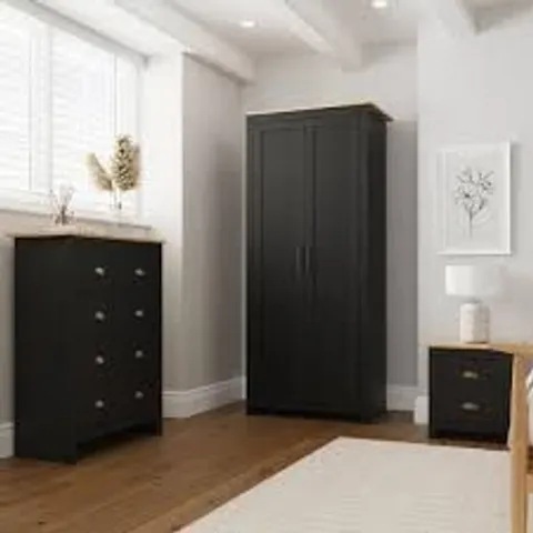 BOXED GFW LANCASTER 3 PIECE BLACK AND OAK BEDROOM SET (4 BOXES)