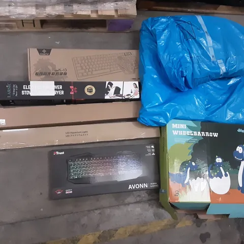 PALLET OF ASSORTED PRODUCTS INCLUDING ZAMPA, TRUST AVONN GAMING KEYBOARD, PSFY CABLE BACK-LIT GAME KEYBOARD, DINOSAUR MINI WHEELBARROW, LARSIC ELECTRIC TOP COVER, L'HOME INNOVATIVE LED LIGHTING