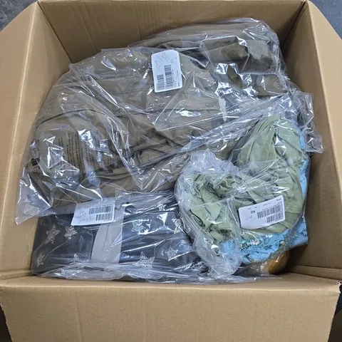 BOX OF APPROXIMATELY 20 ASSORTED CLOTHING ITEMS IN VARIOUS STYLES , COLOURS AND SIZES