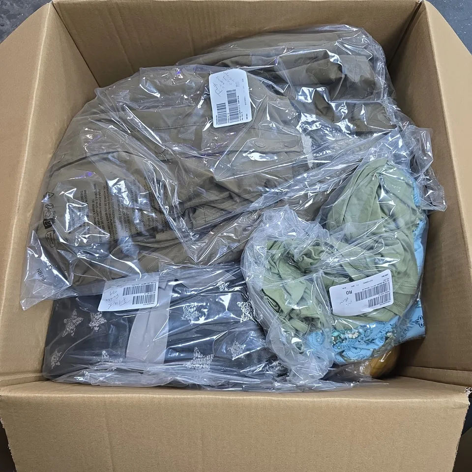 BOX OF APPROXIMATELY 20 ASSORTED CLOTHING ITEMS IN VARIOUS STYLES , COLOURS AND SIZES
