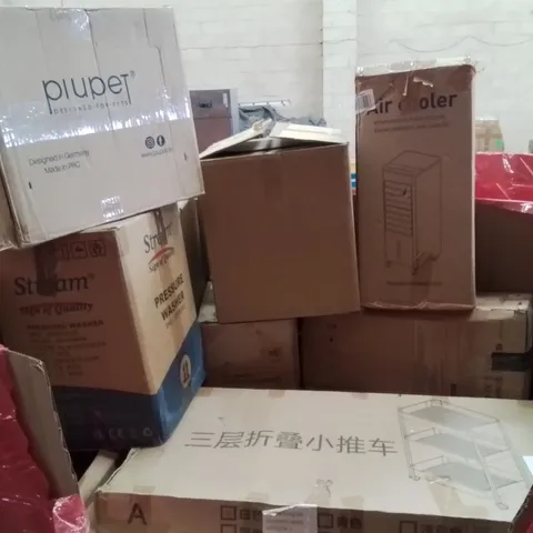 PALLET CONTAINING VARIOUS ASSORTED BOXED HOUSEHOLD ITEMS TO INCLUDE: AIR COOLERS, PRESSURE WASHER, KITCHEN ORGANISER, LARGE SAFE AND LOTS MORE UNMARKED BOXED ITEMS 