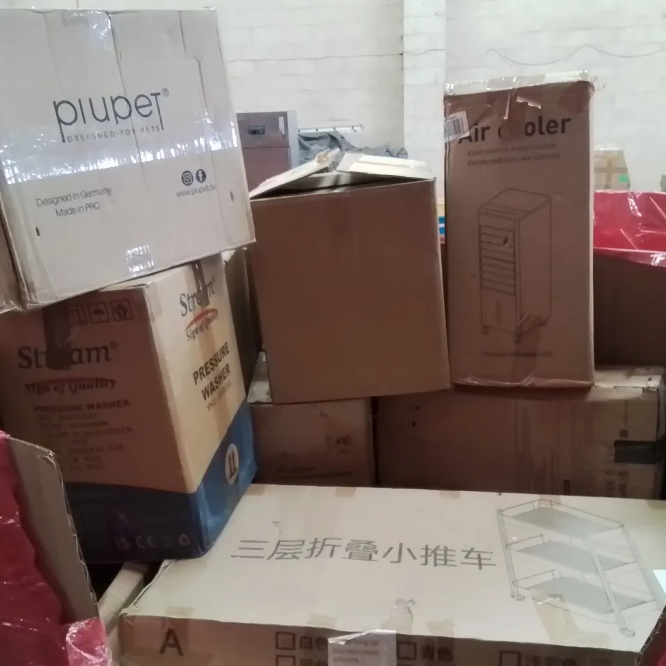 PALLET CONTAINING VARIOUS ASSORTED BOXED HOUSEHOLD ITEMS TO INCLUDE: AIR COOLERS, PRESSURE WASHER, KITCHEN ORGANISER, LARGE SAFE AND LOTS MORE UNMARKED BOXED ITEMS 