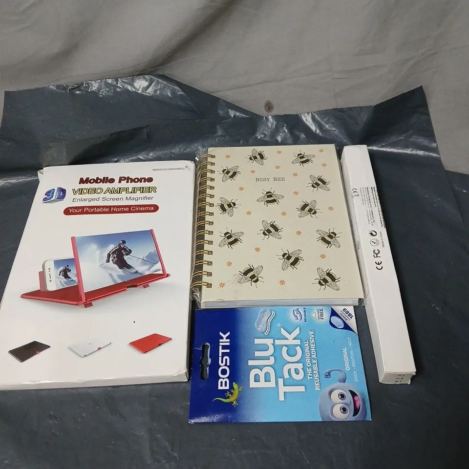 APPROXIMATELY 20 ASSORTED ITEMS TO INCLUDE VIDEO AMPLIFIER, BUSY BEE NOTEBOOK, BLU TACK, 200MM LED LONG SENSE ETC