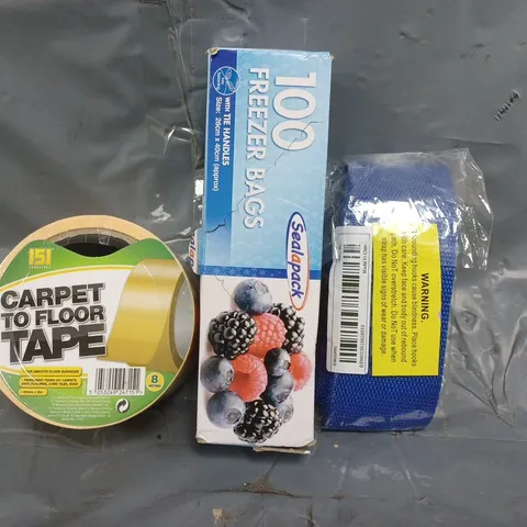 APPROXIMATELY 10 ASSORTED HOUSEHOLD ITEMS TO INCLUDE CARPET TO FLOOR TAPE, FREEZER BAGS, ETC
