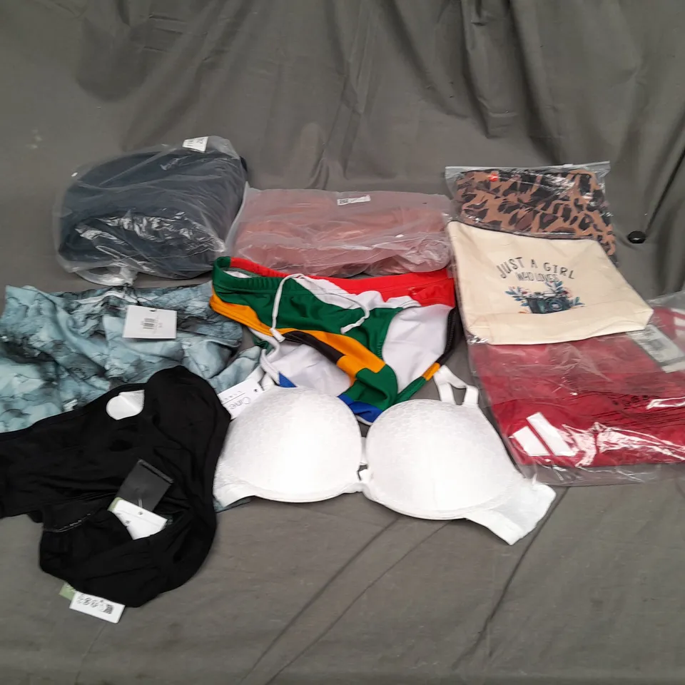 BOX OF APPROX 10 X ASSORTED ITEMS OF CLOTHING; INCLUDES BRA, SWIMMING WEAR, DRESSES ETC 
