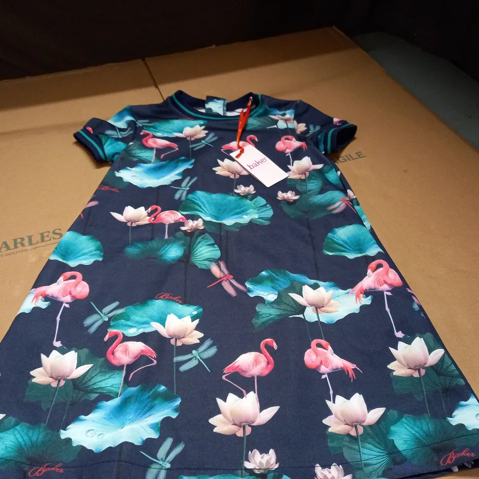 BAKER BY TED BAKER CHILDRENS NAVY BLUE DRESS WITH FLORAL PATTERN - 7-8 YEARS 