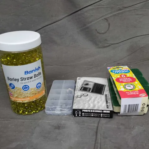 BOX OF APPOROX 10 ASSORTED HOUSEHOLD ITEMS TO INCLUDE BANISH BARLEY STRAW BALLS FOR PONDS; DISHMATIC REFILLS & SPONGE 