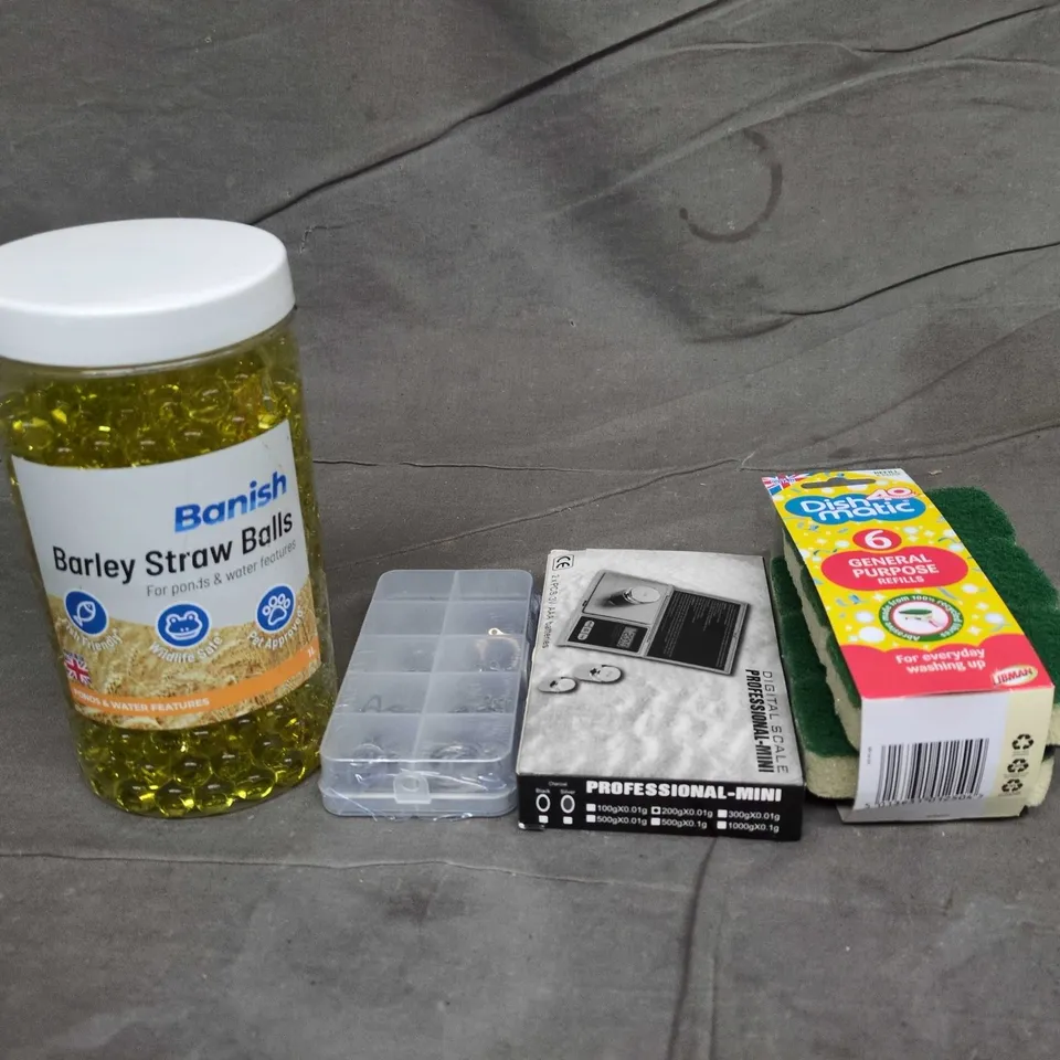 BOX OF APPOROX 10 ASSORTED HOUSEHOLD ITEMS TO INCLUDE BANISH BARLEY STRAW BALLS FOR PONDS; DISHMATIC REFILLS & SPONGE 