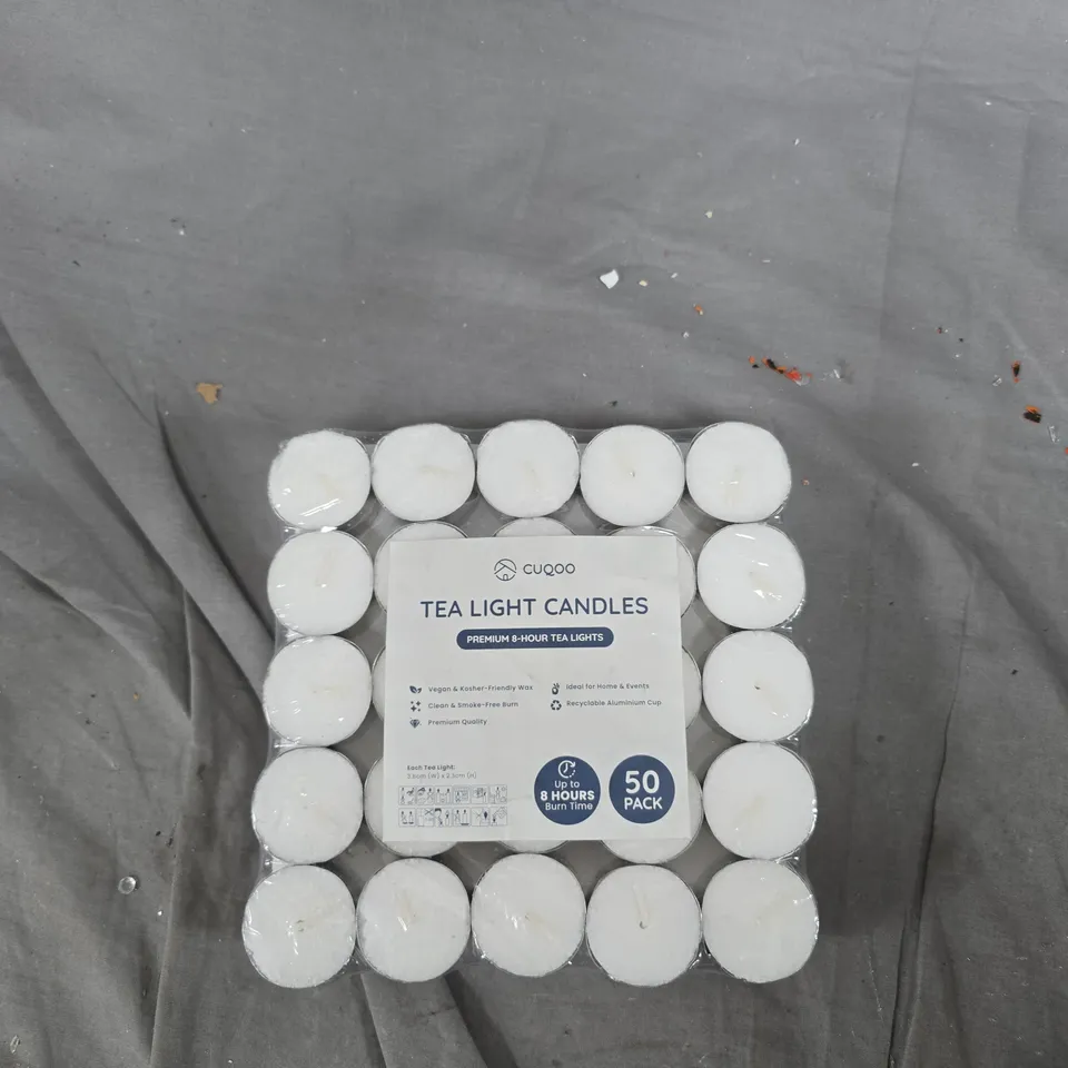 TEA LIGHT CANDLES - 50 PACK, PREMIUM 8-HOUR BURN TIME