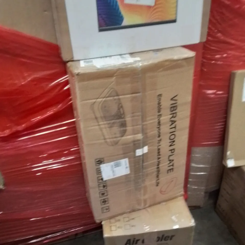 PALLET OF ASSORTED HOUSEHOLD GOODS AND PRODUCTS TO INCLUDE;VIBRATION PLATE,AIR COOLER,LED DISPLAY MONITOR