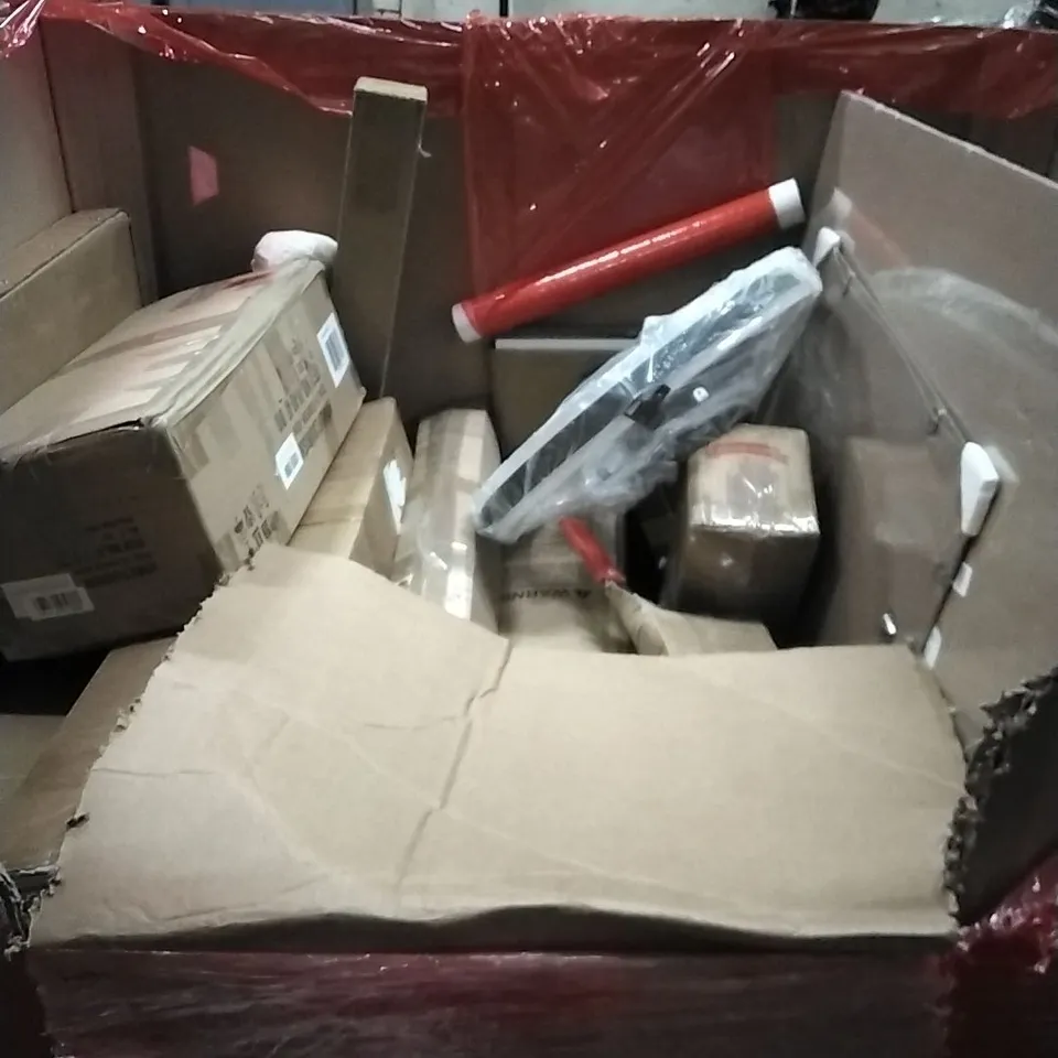 PALLET OF HOUSEHOLD ITEMS TO INCLUDE TENSION ROD,ANDREX TOILET PAPER, DRYWALL SANDER, FOLDABLE PLAY MAT AND OTHER ASSORTED ITEMS...