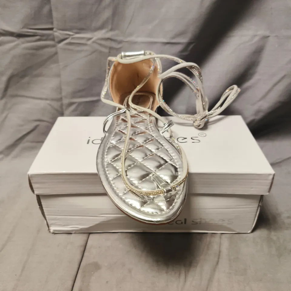 BOXED PAIR OF IDEAL SHOES T-POST STRAPPY SANDALS IN METALLIC SILVER SIZE EU 38