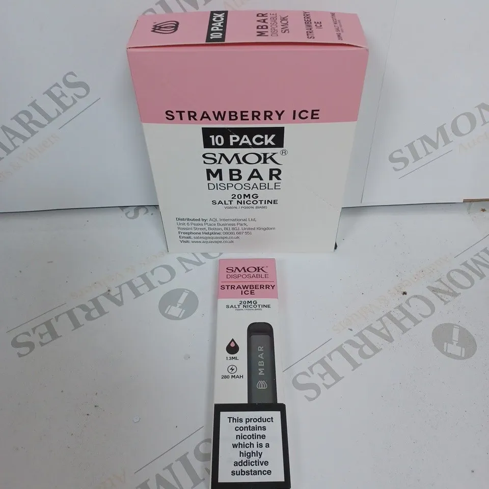 BOX OF APPROXIMATELY 10 BOXES OF STRAWBERRY ICE 10 PACK SMOK M BAR DISPOSABLE 20MG SALT NICOTINE