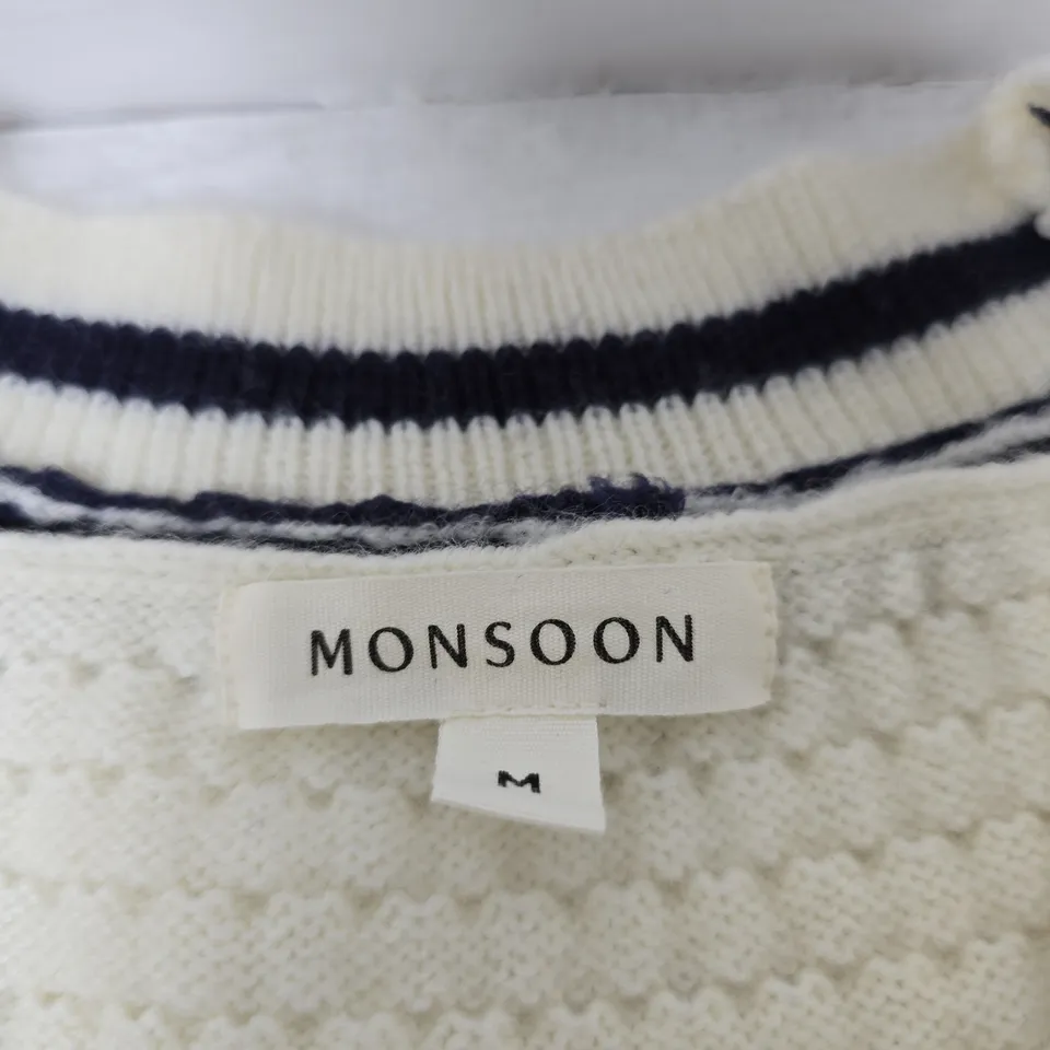 MONSOON CREAM KNIT JUMPER - V-NECK WITH NAVY STRIPE TRIM, SIZE UK M