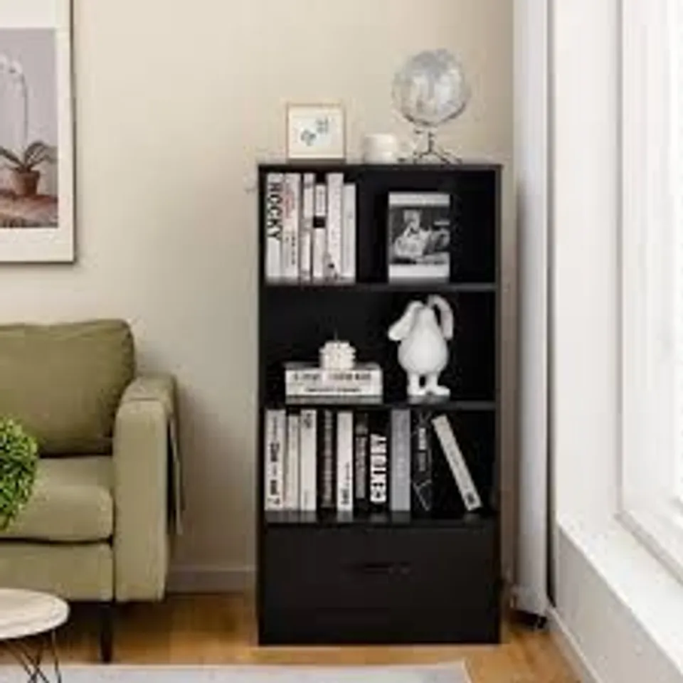 BOXED COSTWAY WOODEN STORAGE BOOKSHELF CABINET WITH 3 TIER OPEN SHELVES AND DRAWER - BLACK