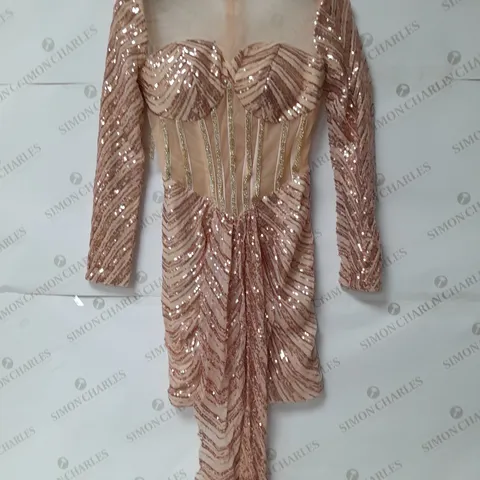 SEQUINED RHINESTONED CORSET DRESS WITH MESH DETAIL IN FLESH PINK