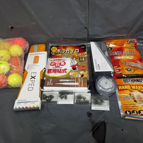 BOX OF ASSORTED HOUSEHOLD ITEMS TO INCLUDE GOLF BALLS, HANDY HEATER AND WINDOW SHOCK ALARMS 