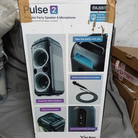 MAJORITY PULSE 2 PORTABLE PARTY SPEAKER & MICROPHONE – 120W, 6.5" DRIVERS, AI LIGHTS, BLUETOOTH (BOXED)