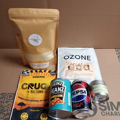 APPROX 10 ASSORTED FOOD AND DRINK ITEMS TO INCLUDE- ALMOND FLOUR, CRUG BILTONG ORIGINAL, HEINZ BEANZ, PEPSI MAX, OZONE BAG, MATCHA TIN