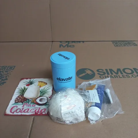 APPROXIMATELY 15 ASSORTED HOUSEHOLD PRODUCTS TO INCLUDE AN ELEVATE STORAGE TIN, KNITTING YARN AND WALL REPAIR PASTE
