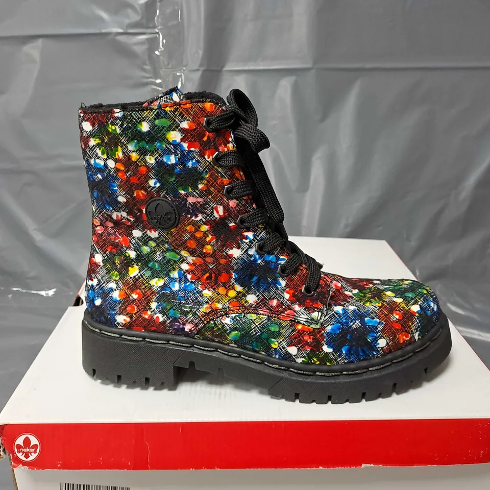 BOXED PAIR OF RIEKER BOOTS IN MULTI COLOURED - SIZE 7 1/2