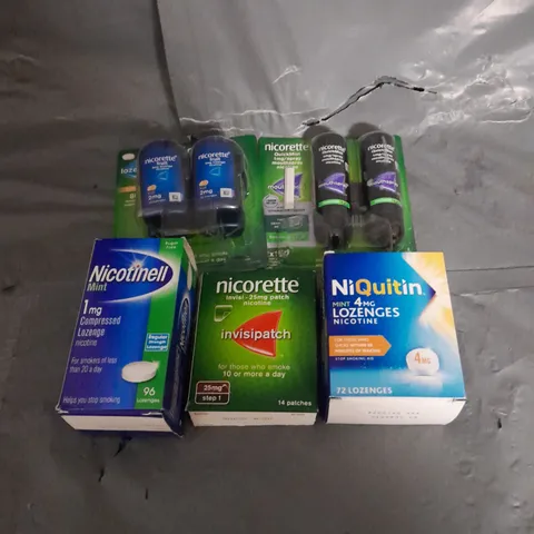 APPROXIMATELY 15 ASSORTED SMOKING PREVENTION AIDS TO INCLUDE NIQUITIN LOZENGES, NICORETTE INVISIPATCH, NICOTINELL LOZENGES