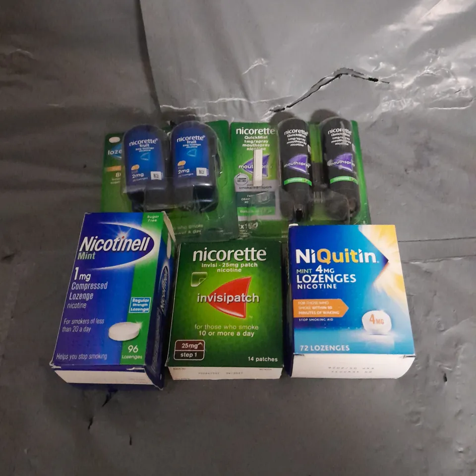 APPROXIMATELY 15 ASSORTED SMOKING PREVENTION AIDS TO INCLUDE NIQUITIN LOZENGES, NICORETTE INVISIPATCH, NICOTINELL LOZENGES