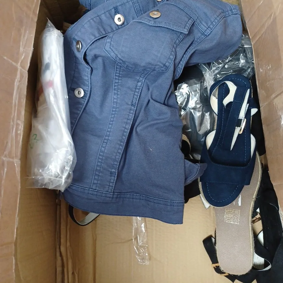 BOX OF APPROXIMATELY 10 ASSORTED CLOTHING PRODUCTS IN VARIOUS SIZES TO INCLUDE SHOES, SHIRTS, PANTS ETC