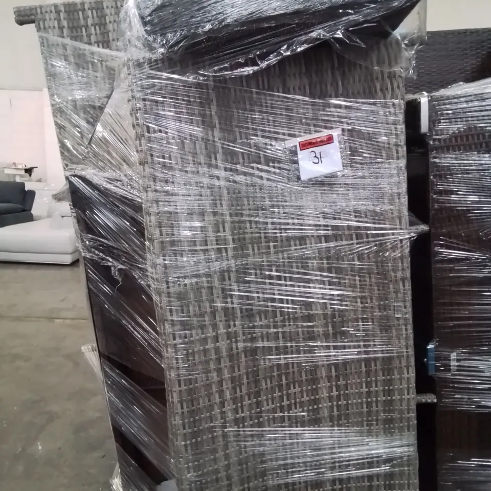 PALLET OF ASSORTED RATTAN GARDEN FURNITURE PARTS, INCLUDING 2 × BROWN COFFEE TABLES & 1 BLACK COFFEE TABLE.