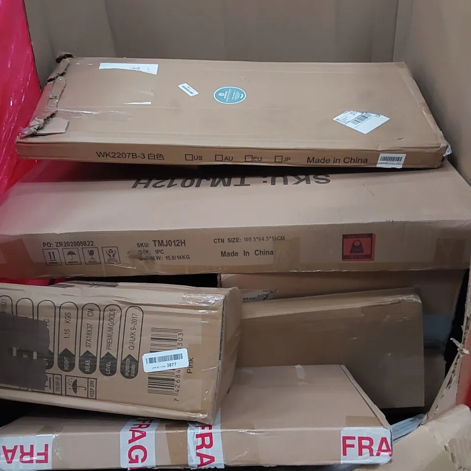PALLET OF ASSORTED HOUSEHOLD ITEMS AND CONSUMER PRODUCTS. INCLUDES ROTARY DEHUMIDIFIER, NON-STICK TABLE GRILL, TOILET SEATS, AIR BED, BOXED FURNITURE ETC 