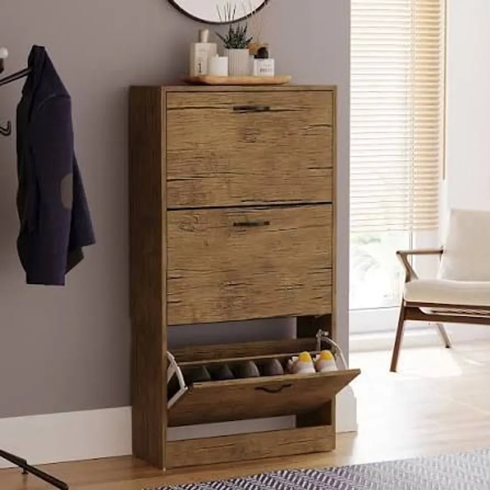 BOXED VIDA DESIGN 3 DRAWER SHOE CABINET - ANTIQUE BROWN
