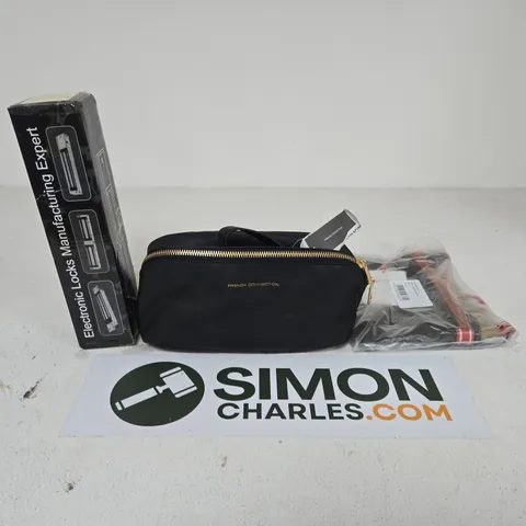APPROXIMATELY 15 ASSORTED HOUSEHOLD PRODUCTS TO INCLUDE AN ELECTRONIC LOCK, FRENCH CONNECTION WASHBAG AND A SMALL HIKING ACCESSORIES BAG