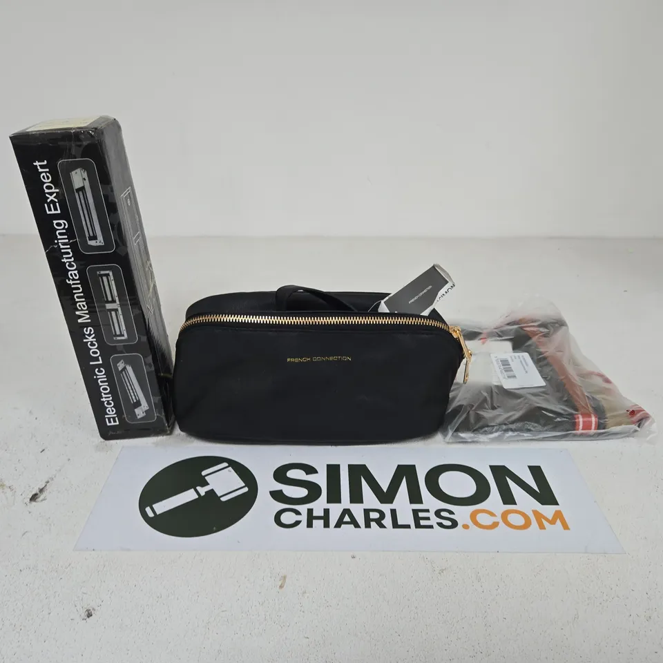 APPROXIMATELY 15 ASSORTED HOUSEHOLD PRODUCTS TO INCLUDE AN ELECTRONIC LOCK, FRENCH CONNECTION WASHBAG AND A SMALL HIKING ACCESSORIES BAG