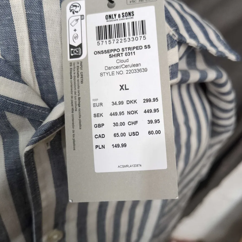 ONLY & SONS STRIPED SHIRT – BLUE/WHITE, SIZE XL