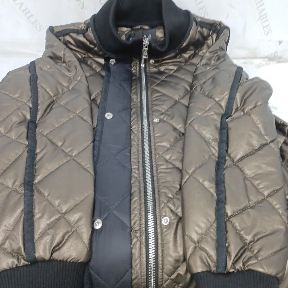 NUAGE LONG PADDED COAT. ZIP AND POPPER FASTENING. 2 FRONT POCKETS. GOLD SIZE MEDIUM