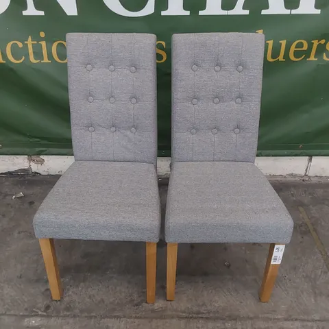 PAIR UPHOLSTERED BUTTONED BACK DINING CHAIRS GREY FABRIC ON NATURAL WOOD LEGS