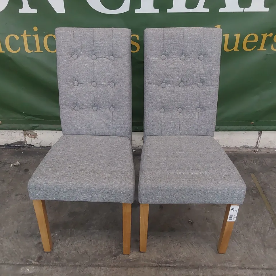 PAIR UPHOLSTERED BUTTONED BACK DINING CHAIRS GREY FABRIC ON NATURAL WOOD LEGS 