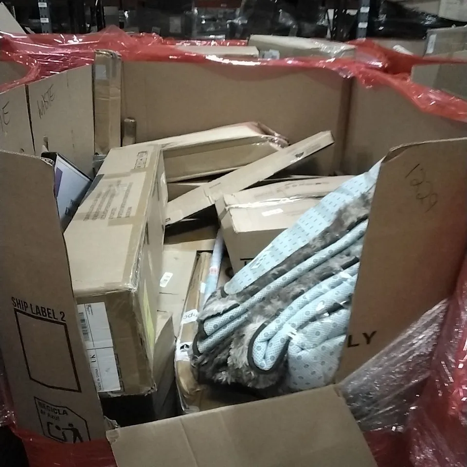 PALLET OF HOUSEHOLD ITEMS TO INCLUDE PICTURE FRAME,SCOOTER, VACUUM STAND, TELESCOPIC LADDER, RECTANGULAR SAFETY GATE AND OTHER ASSORTED ITEMS...