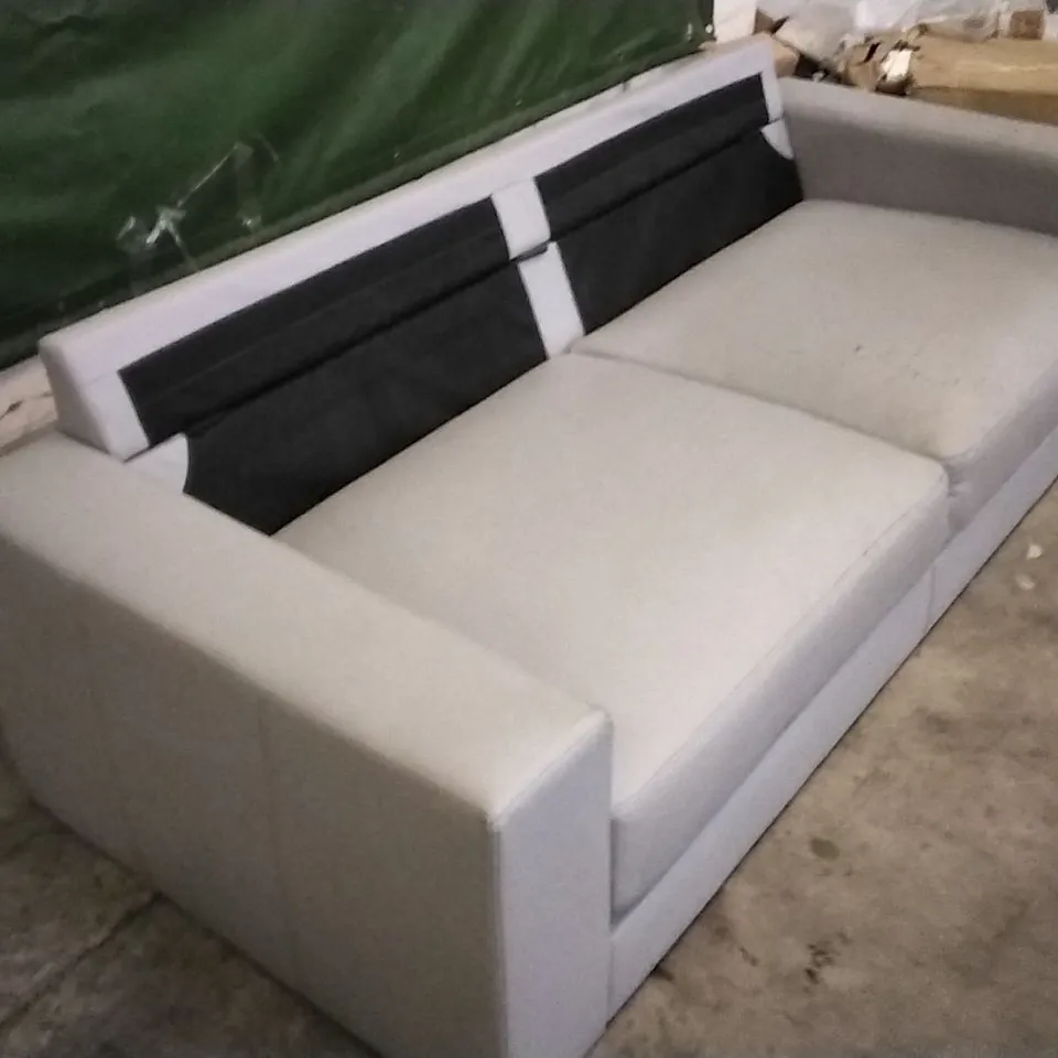 DESIGNER LIGHT GREY LEATHER  3 SEATER SOFA (CUSHIONS MISSING)