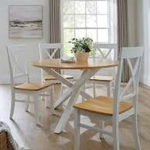 BOXED BRISTOL 120cm  ROUND DINING TABLE + 4 CHAIRS - OAK/WHITE (3 BOXES)