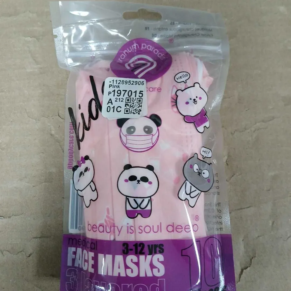 BOX OF APPROXIMATELY 10 PACKS OF KIDS MEDICAL 3 LAYERED FACE MASKS - PINK ANIMALS - 10 MASKS PER PACK