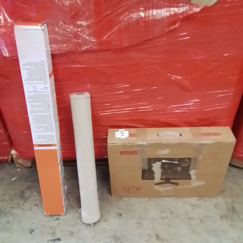 PALLET OF ASSORTED HOUSEHOLD GOODS AND PRODUCTS TO INCLUDE;LED MONITOR,AREA RUG,RETRACTABLE SAFETY GATE 
