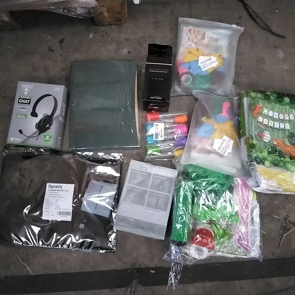 PALLET OF ASSORTED ITEMS INCLUDING DPROFY GAMING MOUSE PAD, LURROSE 5PCS, HAPPY EASTER BANNER AND BALLOONS, 8PCS PIPET SET, TURTLE BEACH WIRED CHAT COMMUNICATOR, STRAW WOVEN WASTE BELT, ANIMAL BIRTHDA