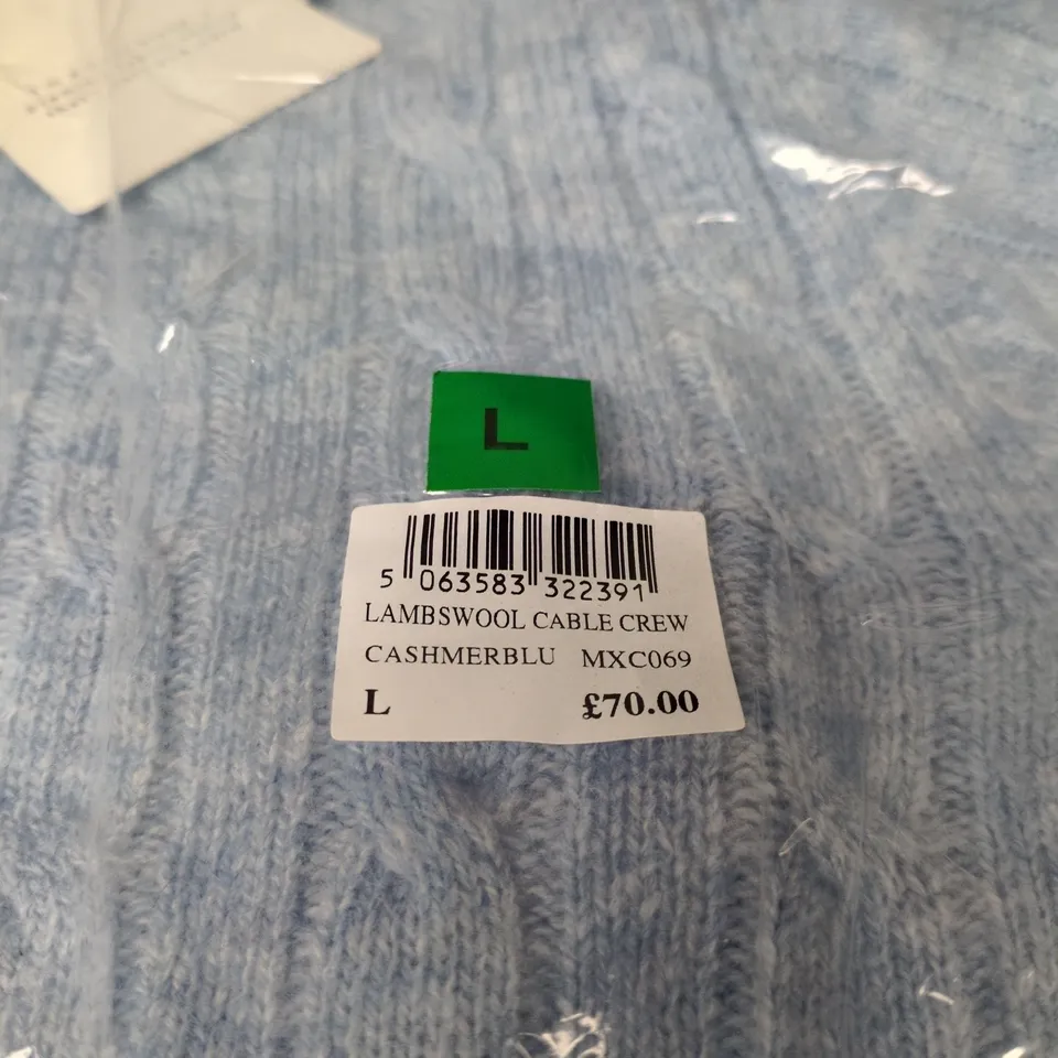 BAGGED CREW CLOTHING COMPANY LAMBS WOOL CABLE CREW CASHMERE BLUE LARGE JUMPER