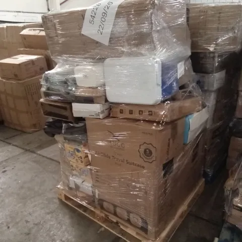 PALLET OF ASSORTED E-COMMERCE GOODS AND PRODUCTS TO INCLUDE; SUITCASES/CABIN BAGS, CAMPING WAGON, HOOK HANGERS, VEGETABLE CHOPPER, DOG CAGE, PARASOL BASE, GYM MATS ETC