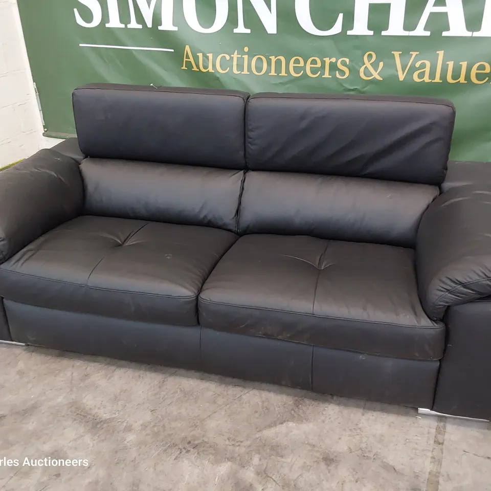 DESIGNER ITALIAN STYLE THREE SEATER SOFA WITH ADJUSTABLE HEADRESTS BLACK LEATHER 