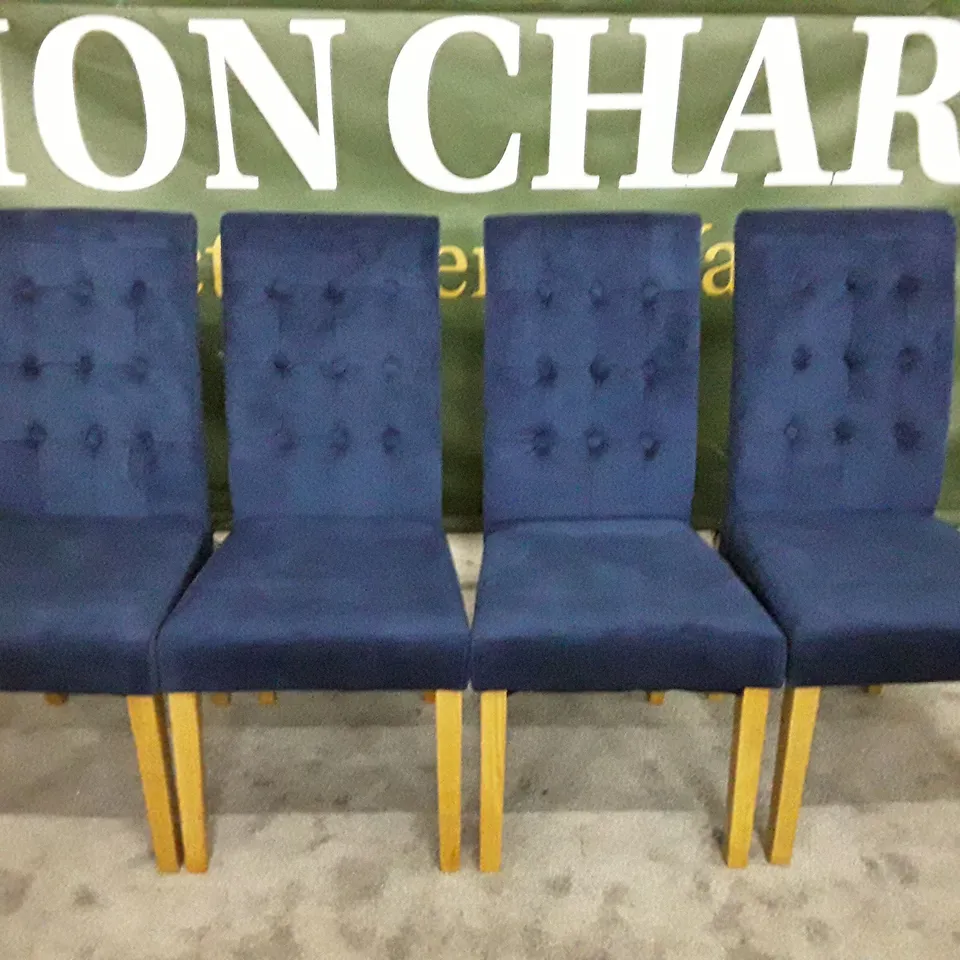 SET OF 4 REGENT BLUE VELVET BUTTON BACK DINING CHAIR (OAK LEG)